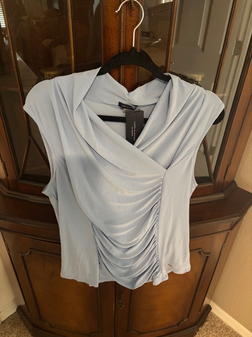 Tommy Hilfiger Light Blue Draped Ruched Cap-Sleeve Blouse